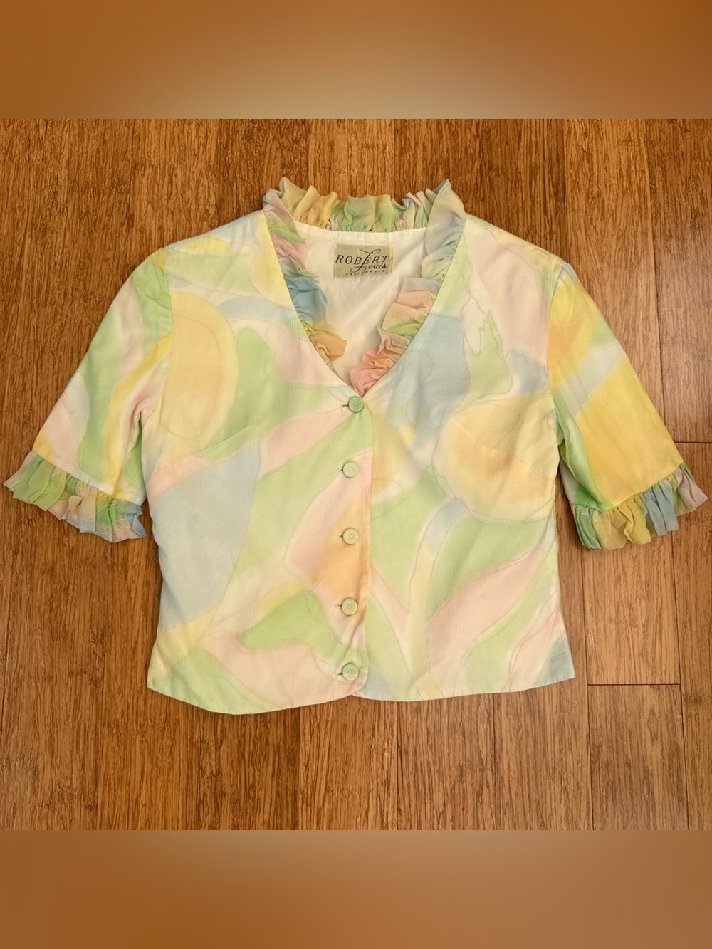 Vintage 1950s Robert Louis Pastel Multicolor Ruffle-Trim Button Front Top